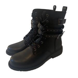 Wanted Dynamic Black Combat Boots w/Side Buckle & Studded Details in Ladies 8.5